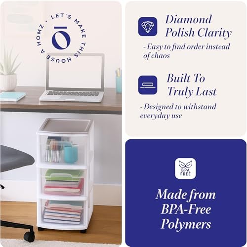 Drawer Tower, 3-Tier Storage Cart with Removable Wheels, White Frame