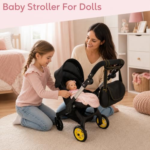 Baby Doll Car Seat Stroller Combo – Convertible 2 in 1 Doll Stroller and Car Seat for Kids – Fits Up to 20” Dolls – Play Toy Baby Stroller with Adjustable Handle for Girls (Black)