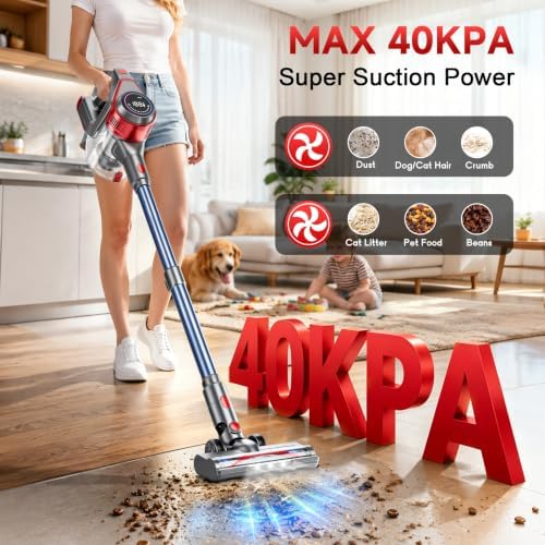 Cordless Vacuum Cleaner for Home - Powerful, 40Kpa Stick Vacuums Lightweight with Detachable Battery Display, Max 45Mins Runtime, 8 in 1 Handheld Vacuum for Hardfloor & Carpets Pet Hair, Red