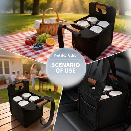 2 Pack Reusable 4 Cup Drink Carrier with Handle and Detachable Dividers, Portable Drink Carrier, Foldable Coffee Cup Holder for Hot & Cold Drinks (Black)