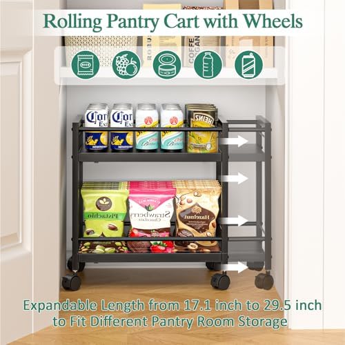2-Tier Expandable Rolling Pantry Cart with Wheels, Adjustable Floor Organizer for Kitchen Pantry, Can Organizer for Pantry, Storage Cart for Snack, Food, Vegetables, Black, Patent Pending