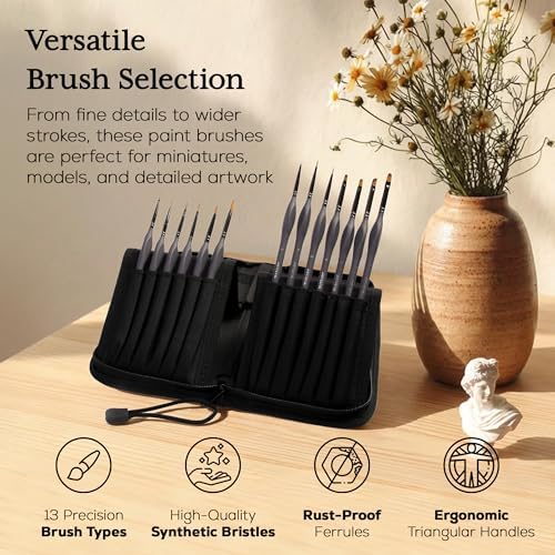 13-Piece Miniature Paint Brush Set with Carry Case for Detail Art