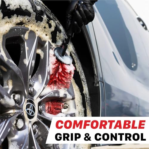 Universal 10” Wheel & Rim Brush – Soft Bristle Scratch-Free Car Detailing Brush with Comfort Grip & Knuckle Guard – Tire, Spoke, Lug Nut & Brake Dust Cleaner for Cars, Trucks, SUVs & Boats