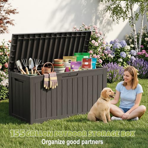 155 Gallon Deck Box Waterproof Outdoor Storage Box with Wheels, Black