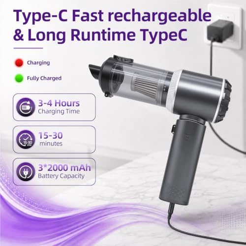 Cordless Portable Handheld Car Vacuum Cleaner, 20000PA High Power Hand Vac with One-Button Empty Dustbin, Multiple Nozzles Included for Car, Home & Office
