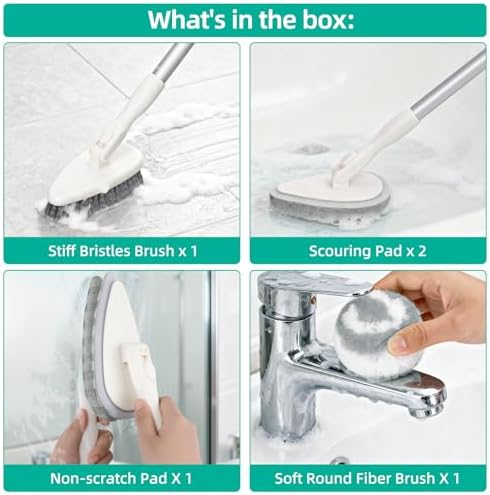 4-in-1 Tub and Tile Shower Scrubber, 51'' Bathtub Cleaning Brush with Long Handle, Soft & Stiff Bristles Bathroom Scrub Brush, Non-Scratch Shower Cleaner Brush for Cleaning