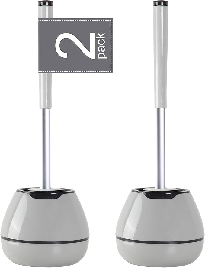 BOOMJOY Toilet Brush and Holder Set 2 Pack, Silicone Toilet Bowl Cleaner Brush, Toilet Scrubber Brush with Tweezers for Bathroom Cleaning, RV Accessories, House Organization Must-Haves - Gray