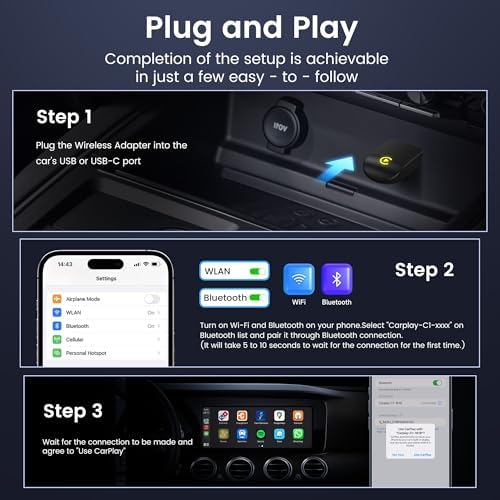 Wireless CarPlay Adapter for iPhone - Convert Wired to Wireless, Mini USB Design, Plug & Play - Compatible with Cars with Apple CarPlay - Includes USB-C Cable - Fast Connection, No Latency (Black)