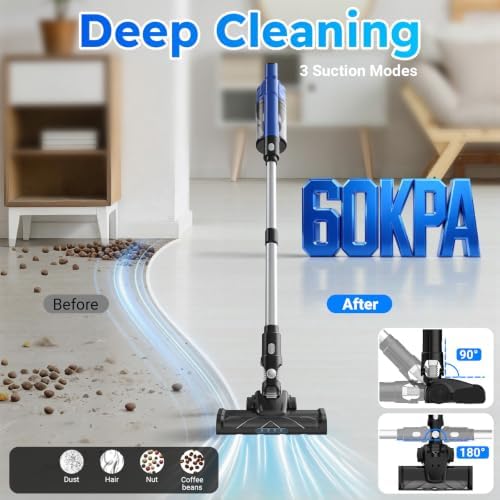 60 KPA Cordless Vacuum Cleaners for Home, 2 x 5000mAh Portable Stick Vacuum Cordless Rechargeable,Anti-Tangle Brush, Smart Display, Lightweight Wireless Vacuum for Pet Hair Hardwood Floors Carpet