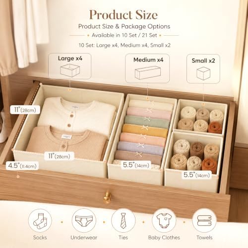 Drawer Organizer Storage for Clothes, Socks, 10 Pack, Beige
