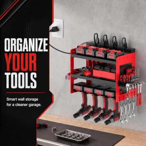 Power Tool Organizer with Charging Station, Wall Mounted 3-Tier Heavy Duty Garage Tool Organizer, 4 Cordless Drill Holders, Battery Storage Shelf, 150 lb Capacity