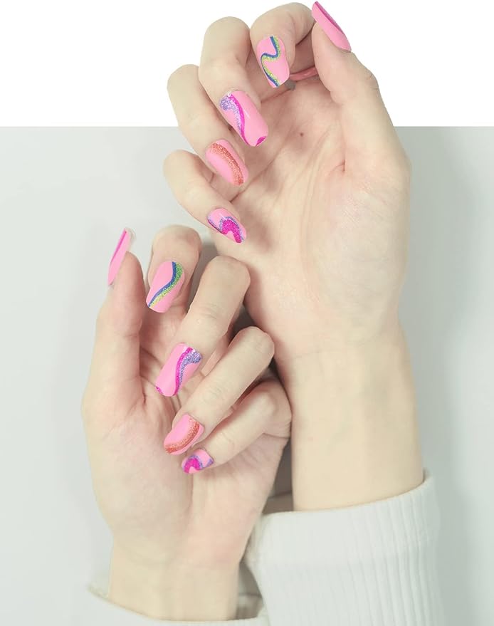 Nail Polish Strips, 32PCS Salon Quality Wraps, Long Lasting Gel Nail Stickers for Women Easy Apply& Remove (Modern Geometric Pink)