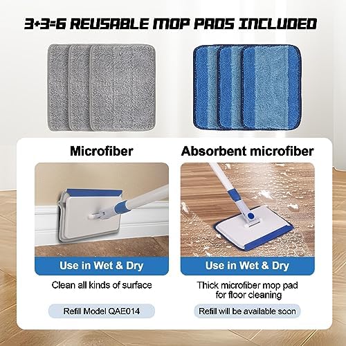 Baseboard Cleaner Tool with Handle, Wall Floor Mop with Extendable Long Handle Duster for Cleaning Window, Floor, Skirting Board, Ceiling, Shower, Tub Tile, Kitchen with 6 Reusable Pads
