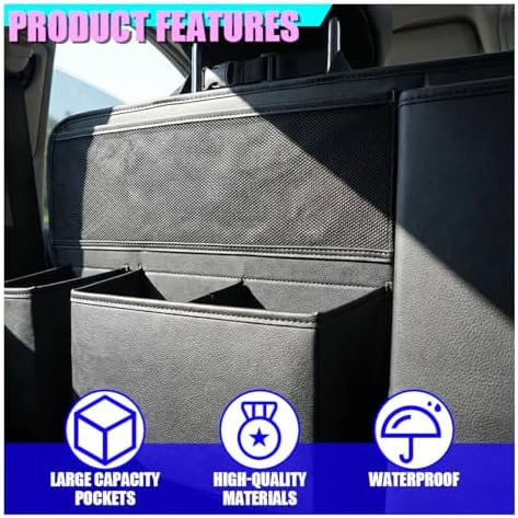 Leather Car Trunk Organizer, 35'' × 17'' Auto Backseat Hanging Storage Bag with 1 Mesh Pocket & 3 Pockets, Foldable Vehicle Travel Organizer Accessories for Sedan, SUV, Truck, MPV (Black)