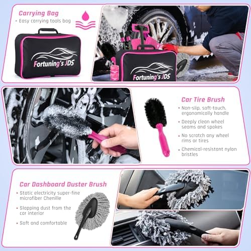 47PCS Car Detailing Kit Interior Cleaner, Car Cleaning Supplies with High Power Car Vacuum Cleaner,Auto Detailing Kit,Car Wash Kit with Bucket Detailing Brush Set,Pink Car Accessories for Women