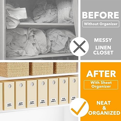 8 Pack Bed Sheet Organizers and Storage, Foldable Sheet Organizer for Linen Closet, Sheets Set Folder Keeper with Window XL (Queen & King Size) Bedding Container (Beige, 8 Pack)