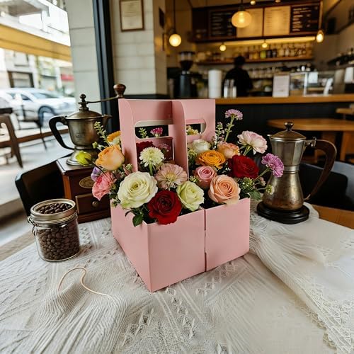 100 Pack Pink 2 Cup Drink Carrier with Handle, Disposable Cardboard Coffee Cup Holder for Hot or Cold Drinks, Coffee Carrier with Ribbon & Card for Food Delivery, Takeout and Bouquet Arrangement
