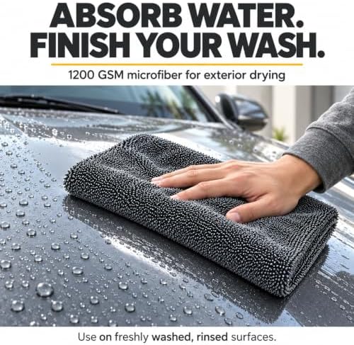 Car Drying Towel, 1200 GSM Absorbent Microfiber, 24 x 36 in, Plush Auto Detailing Cloth for Cars, SUVs and Trucks, Charcoal Grey, 1 Pack