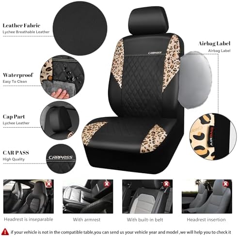 Leopard Print Faux Leather Car Seat Covers & Leopard Car Mats&Leopard Steering Wheel Cover Seat Belt Pad Universal Car Accessories for SUV,Van,Saden,Truck Automobile Interior Sets