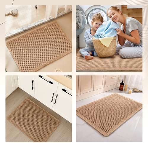 Luxury Waffle Bath Mat, Super Absorbent Non Slip Bathroom Rugs, Boho Ultra Soft Comfort Machine Washable Quick Dry Floor Mats with Tassels (Brown, 17" x 24" + 20" x 30")