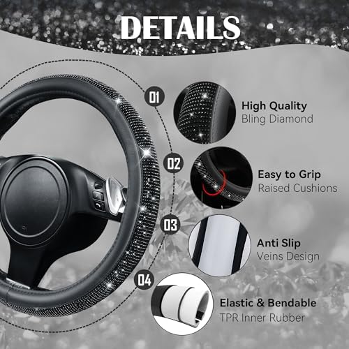 Bling Diamond Leather Steering Wheel Cover 14.5in-15in Floor Mats Shining Rhinestone Carpet Sparkly Glitter Crystal Anti-Slip Pad Fit Automotive SUV Pickup Truck Girl Women, 5pcs Black