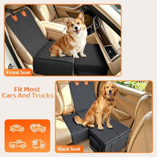 Dog Car Seat Extender with Seat Cover, Heavy Duty Back Seat Extender for Dogs up to 180lbs, Hard Bottom Car Organizer with Storage, Large Dog Travel Platform for SUV Truck