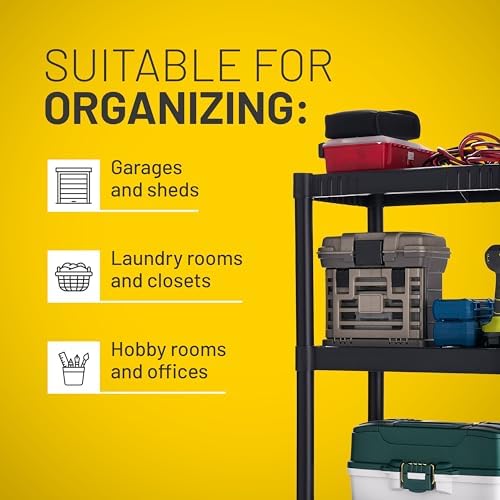 4-Shelf Plastic Storage Shelves, 48” x 23” x 14”, 200lb Capacity, Pantry, Office, Closet and Garage Shelves, Easy to Assemble, Durable Plastic Shelving Unit