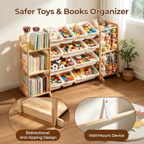 Toy Storage Organizer with Bookshelf and Stuffed Animal Storage, 12 Removable Bins and Open Shelves, Kids Playroom Organizer for Nursery, Bedroom and Living Room, 55.5 Inch Wide