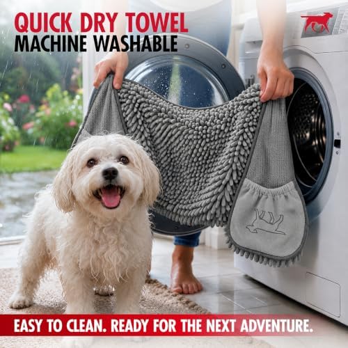 Quick Dry Towel for Dogs | Ultra Absorbent Microfiber Shammy | Extra Large 35x15 Size Dog Bath Towel | Comfortable Hand Pockets | Indoor Outdoor Use | Durable Material | Machine Washable