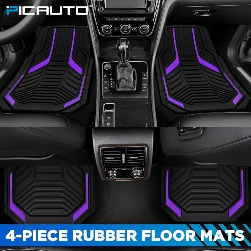 Heavy Duty Rubber Floor Mats, Purple Aluminum Film Car Mats Set, Front and Rear Car Mats with Anti-Slip Backing, All Weather Protection, Trim-to-Fit for Automotive SUV, Sedan, Van