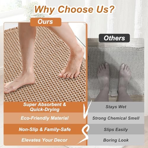 Luxury Waffle Bath Mat, Super Absorbent Non Slip Bathroom Rugs, Boho Ultra Soft Comfort Machine Washable Quick Dry Floor Mats with Tassels (Brown, 17" x 24" + 20" x 30")