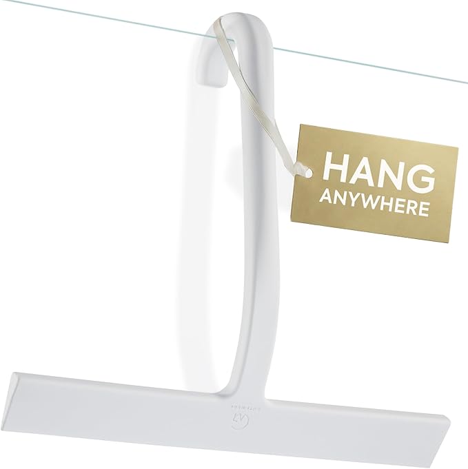 GÜTEWERK Shower Squeegee for Glass Doors – Bathroom Squeegee for Shower Glass & Tile Walls, Streak-Free & No-Squeak Silicone Blade, Stainless Steel Core, Hang Hook + Suction Cup, White, 10 Inch