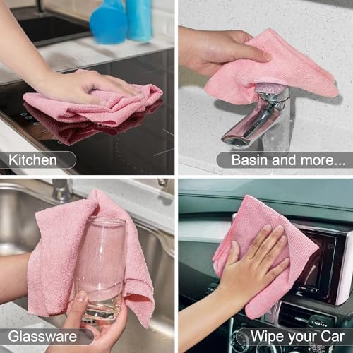 Microfiber Cleaning Cloth, Reusable Paper Towels Rolls, 50 Packs 12x12 inch Cleaning Rags for Washing Dishes, Kitchen, Bathroom, Car, Pink