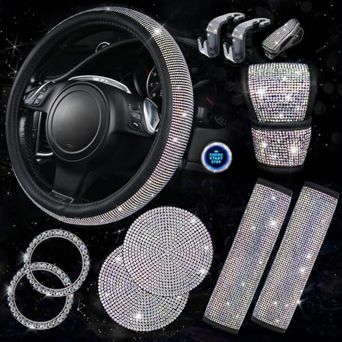 11 PCS Bling Diamond Car Accessories for Women, Sparkly Rhinestone Steering Wheel Cover Bling Seat Belt Cushion, Glitter Shift Knob Cover Car Cup Holder Coaster, Cute Interior Sets Multicolor