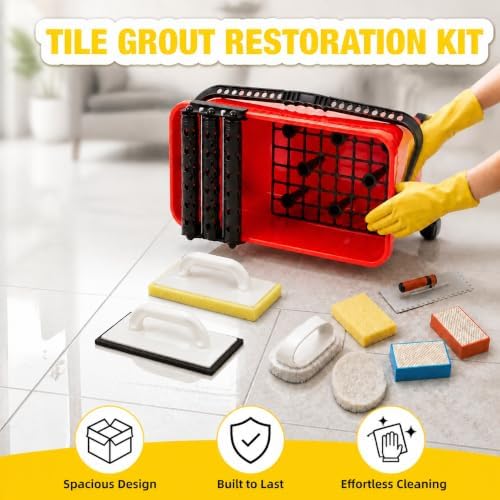 12 Pack Grout Cleaning System Set, 6 Gallon Grouting Bucket with 3 Spiral Rollers, 2 Rubber Floats, 2 Grout Sponges, 4 Diamond Hand Pads, Tile Trowel, Tiling Tools for Ceramic Tile Work