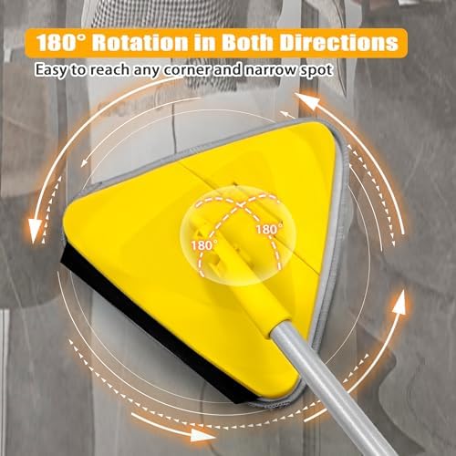 Wall Mop with Long Handle 80 Inches, Upgraded 180° Collapsible Baseboard Cleaner Tool with Squeegee, Ceiling Duster with 3 Microfiber and 3 Chenille Pads for Cleaning Window, Cabinet (Yellow)