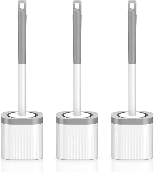 Toilet Brush, 3 Pack Compact Toilet Bowl Brush and Holder Set with Nylon Bristles Toilet Cleaner Brush Hidden Toilet Scrubber Brush for Bathroom Cleaning, Grey & White