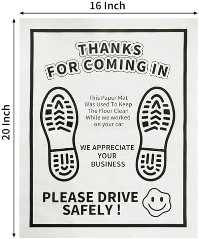 Disposable Paper Floor Mats for Cars 16" W x 20" H 100Pcs, White Waterproof Automotive Foot Pads, Vehicle Carpet Protector for Auto Detailing, Dealerships, Mechanics & Car Shops