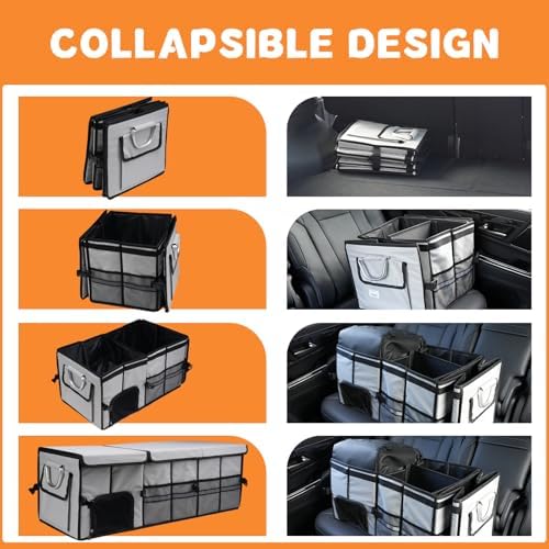 Car Trunk Organizer and Storage with Separate Compartment for 1 Pair of Shoes, Heavy Duty with Lid & Removable Leakproof Cooler Bag, Collapsible Large Trunk Organizers for SUV Sendan (Grey)