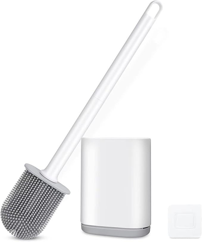 Silicone Toilet Brush and Holder Bendable Efficient Cleaning Wall Mounted Toilet Bowl Brush with Long Handle Brush Head and Silicone Bristles No Rusty Handles Problem (White)
