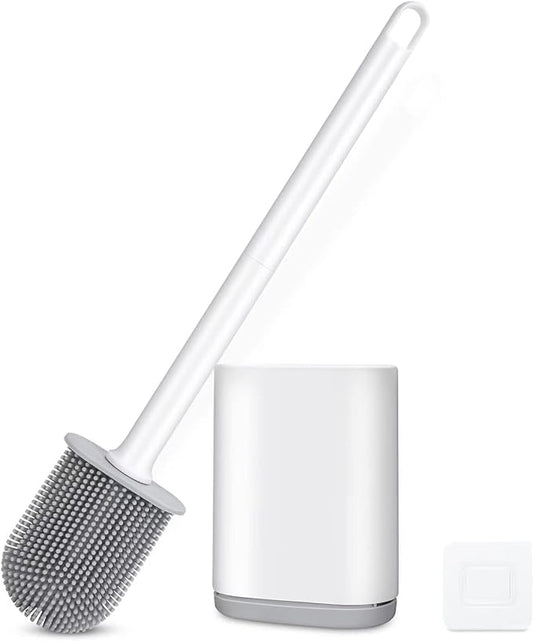 Silicone Toilet Brush and Holder Bendable Efficient Cleaning Wall Mounted Toilet Bowl Brush with Long Handle Brush Head and Silicone Bristles No Rusty Handles Problem (White)