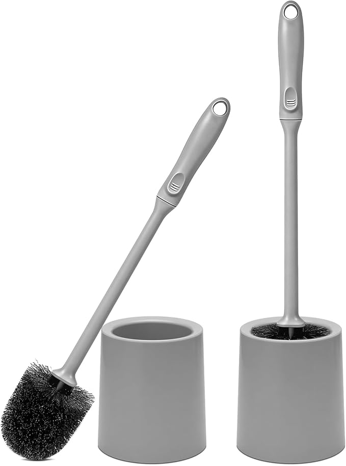 Toilet Brush and Holder 2 Pack with Long Handle - Non-Slip Grip Toilet Bowl Brush Set for Deep Cleaning Bathroom, Toilet Scrubber- Gray
