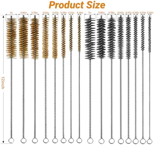 16Pcs Tube Cleaning Brush, Brass Stainless Steel Engine Cleaning Brushes, 12 Inch Long Round Wire Pipe Cleaner for Deep Pipes, Auto Parts, Engine Parts, 8 Sizes