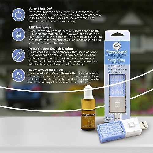 Belle Aroma® FlashScent™ USB Aromatherapy Bundle - for Car, Office, Home, and Travel - Includes 1 Serenity Blue Ylang Ylang Oil Diffuser Kit, 1 Lavender FlashScent Essential Oil, and 7 Refill Pads