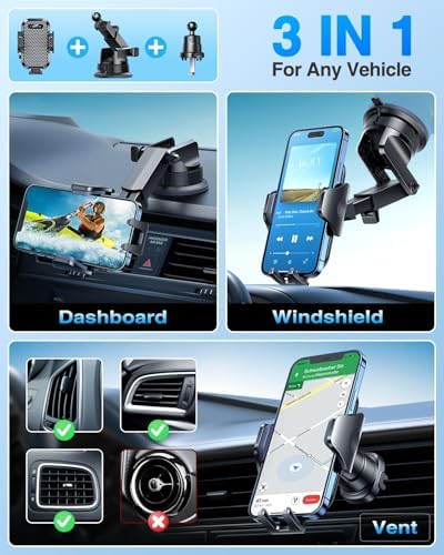 [True Military-Grade] Car Phone Holder [Upgraded Strongest Suction&Clip] Cell Phone Mount for Dashboard Windshield Vent Kit, Truck Cradle Stand for iPhone 18 Pro Max 17 16 15 Android,Ink Black