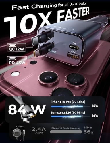 Retractable Car Charger USB C Fast Charge for iPhone 18 17 Pro Max