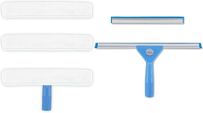 AMERWASH PLUS Window Squeegee Washing Kit for Shower Glass Door, Mirror and Window Cleaning, Extra 14'' Wide Squeegee and 2 Microfiber Scrubbers Included (Extension Pole not Included)