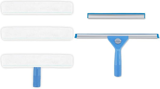 AMERWASH PLUS Window Squeegee Washing Kit for Shower Glass Door, Mirror and Window Cleaning, Extra 14'' Wide Squeegee and 2 Microfiber Scrubbers Included (Extension Pole not Included)
