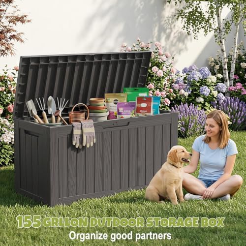 155 Gallon Deck Box Waterproof Outdoor Storage Box with Wheels, Black