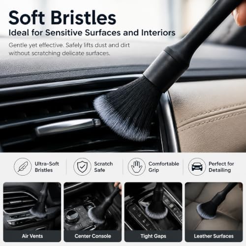 Car Detailing Brush Set - Ultra Soft Boars Hair Car Interior Detailing Brushes【Not Easy to Shed Bristles 】- Automotive Cleaning Brushes Kit w/Storage Bag & Car Drying Towel, Car Dust Brush - 8 Pcs
